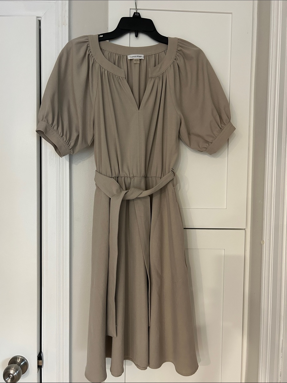 Calvin Klein Taupe Midi Dress with Puff Sleeves and Waist Tie